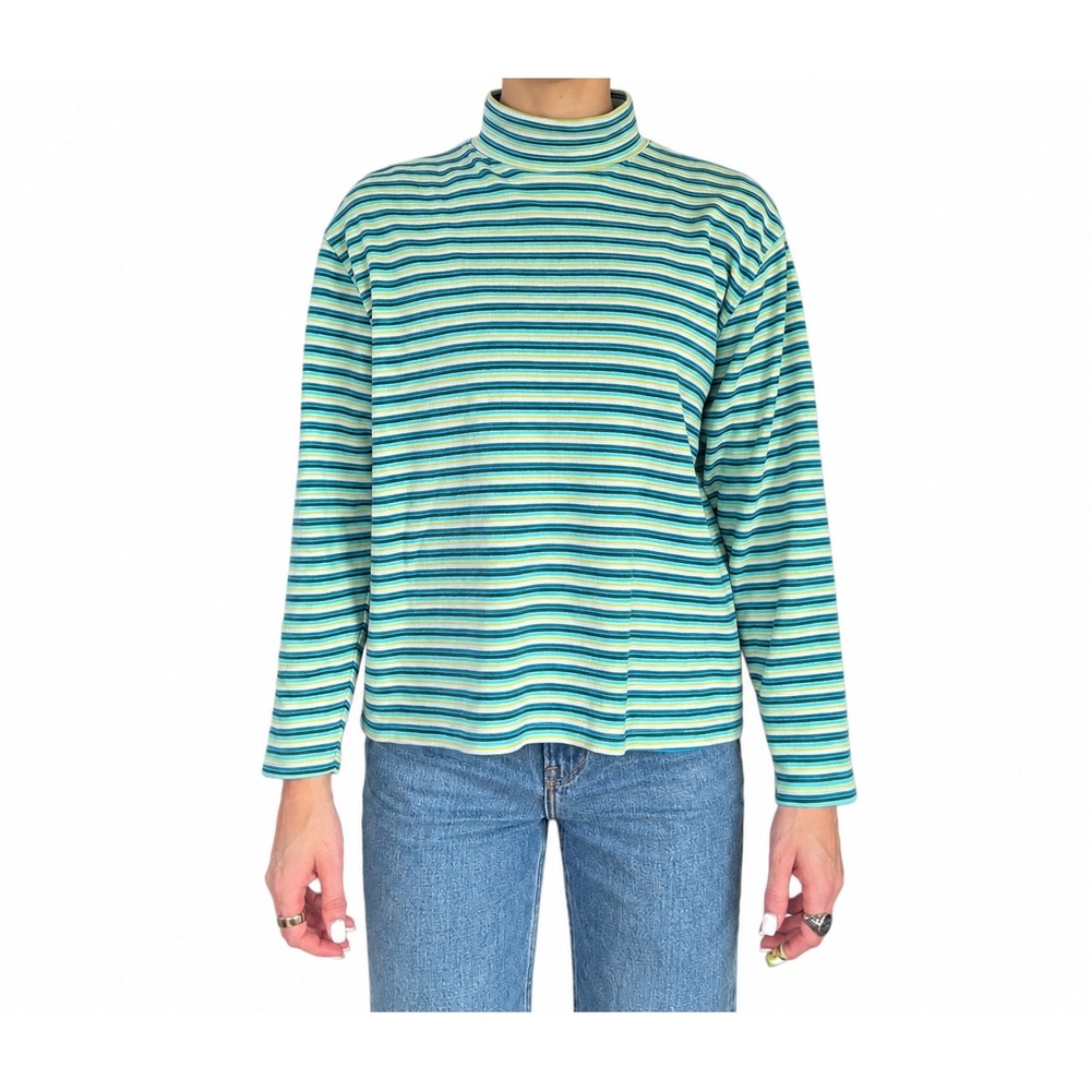 Studio Works Vintage Striped Mock Neck Sweater - Green, Blue, Silver Sparkle